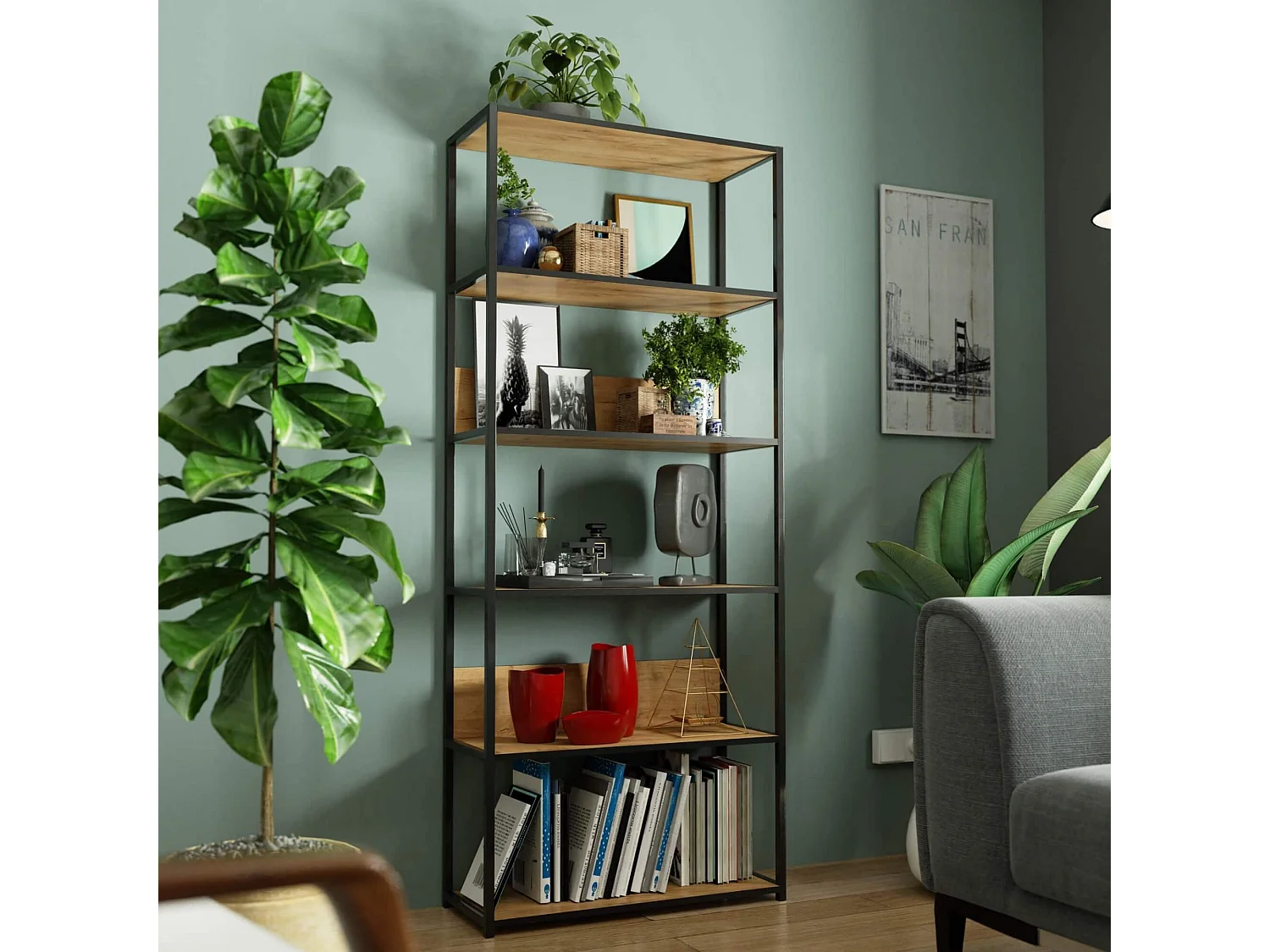 Étagère murale industrielle sur pied AKORD Noire 80 cm façade Chêne Craft 6 étagères 80x32x192 cm