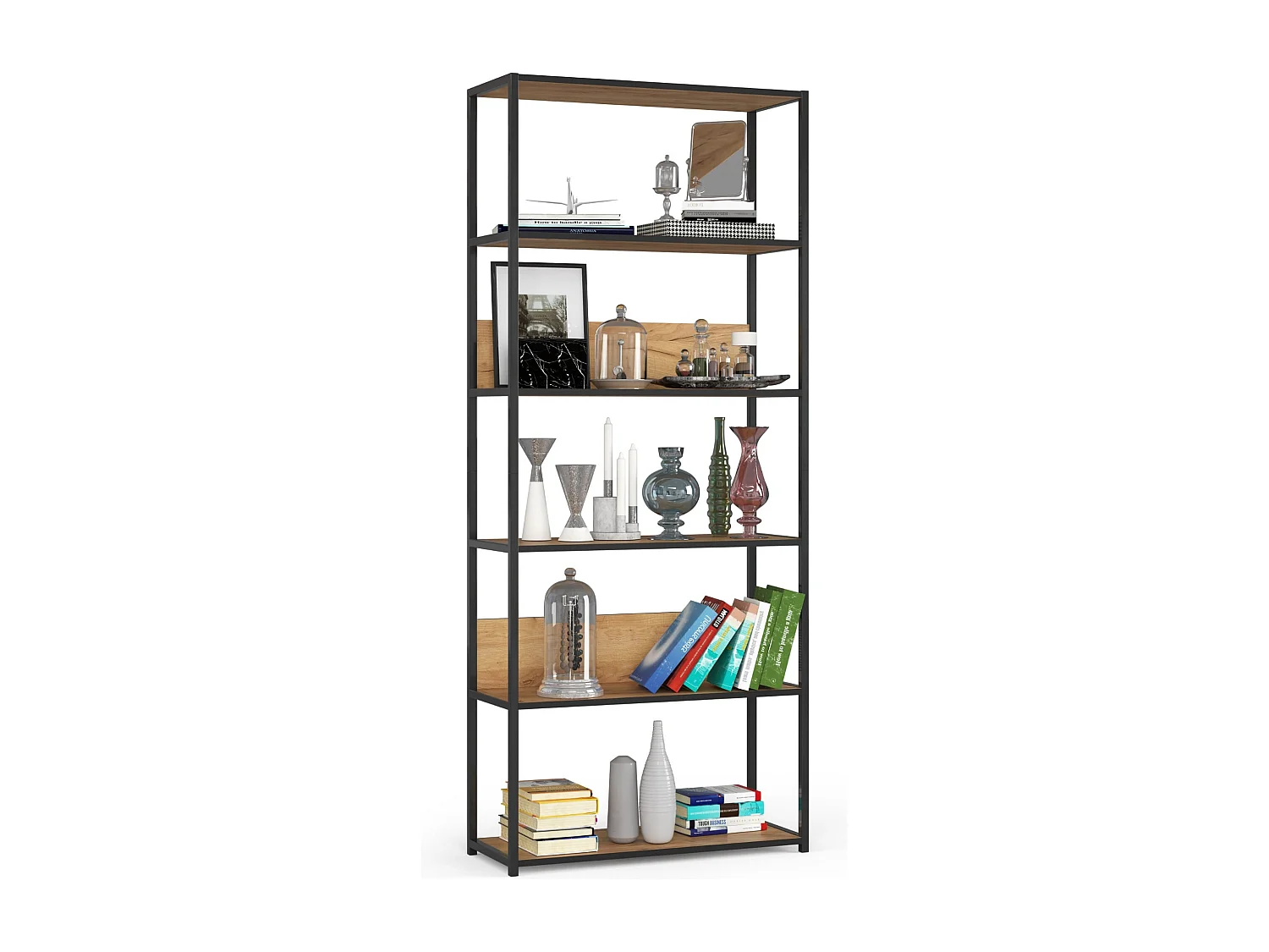 Étagère murale industrielle sur pied AKORD Noire 80 cm façade Chêne Craft 6 étagères 80x32x192 cm