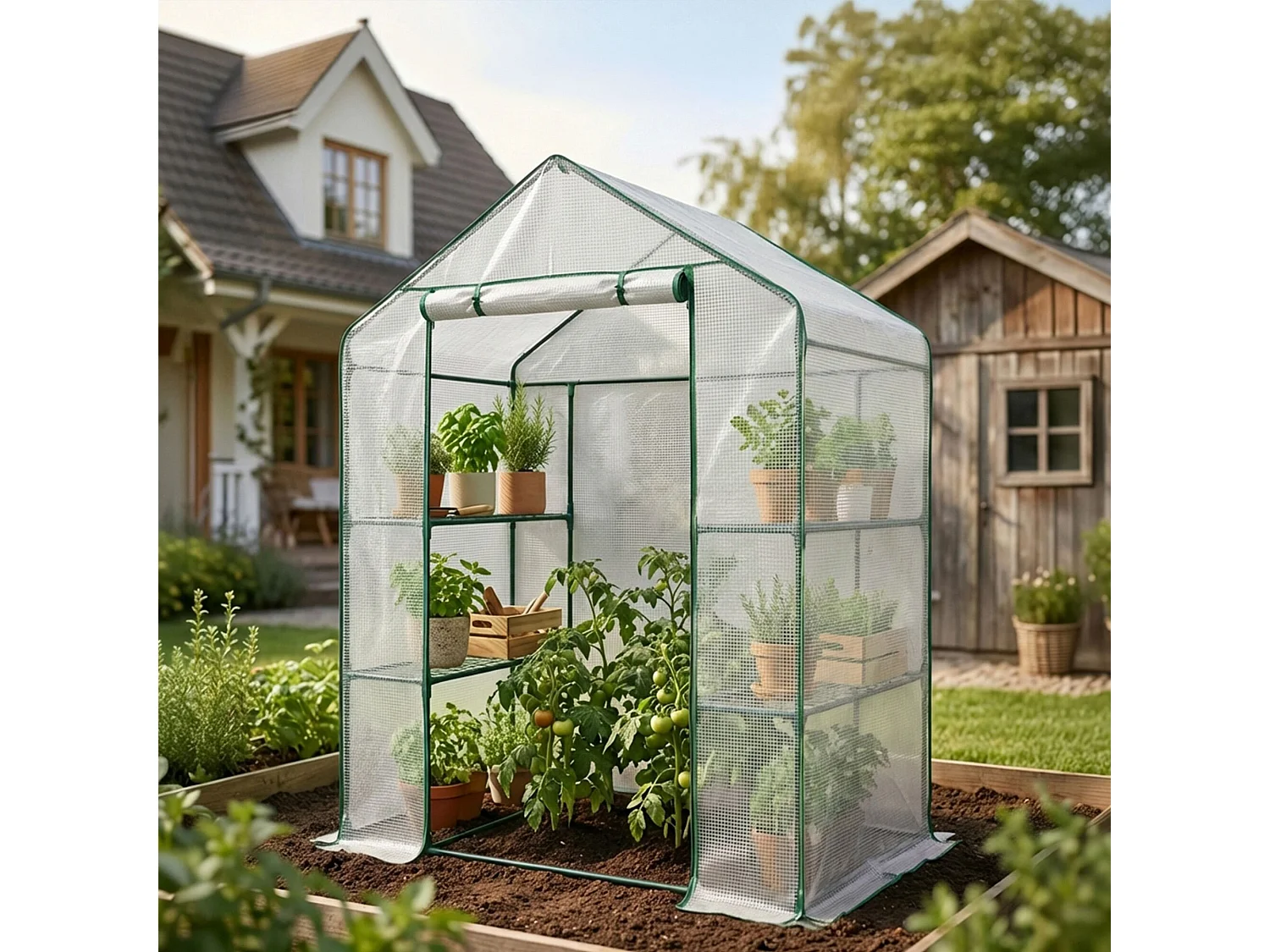 Tuinkas MINI met Legplanken op meerdere niveaus / Broeikas met oprolbare kasdeur / Foliekas / Wit / 143x73x195 cm