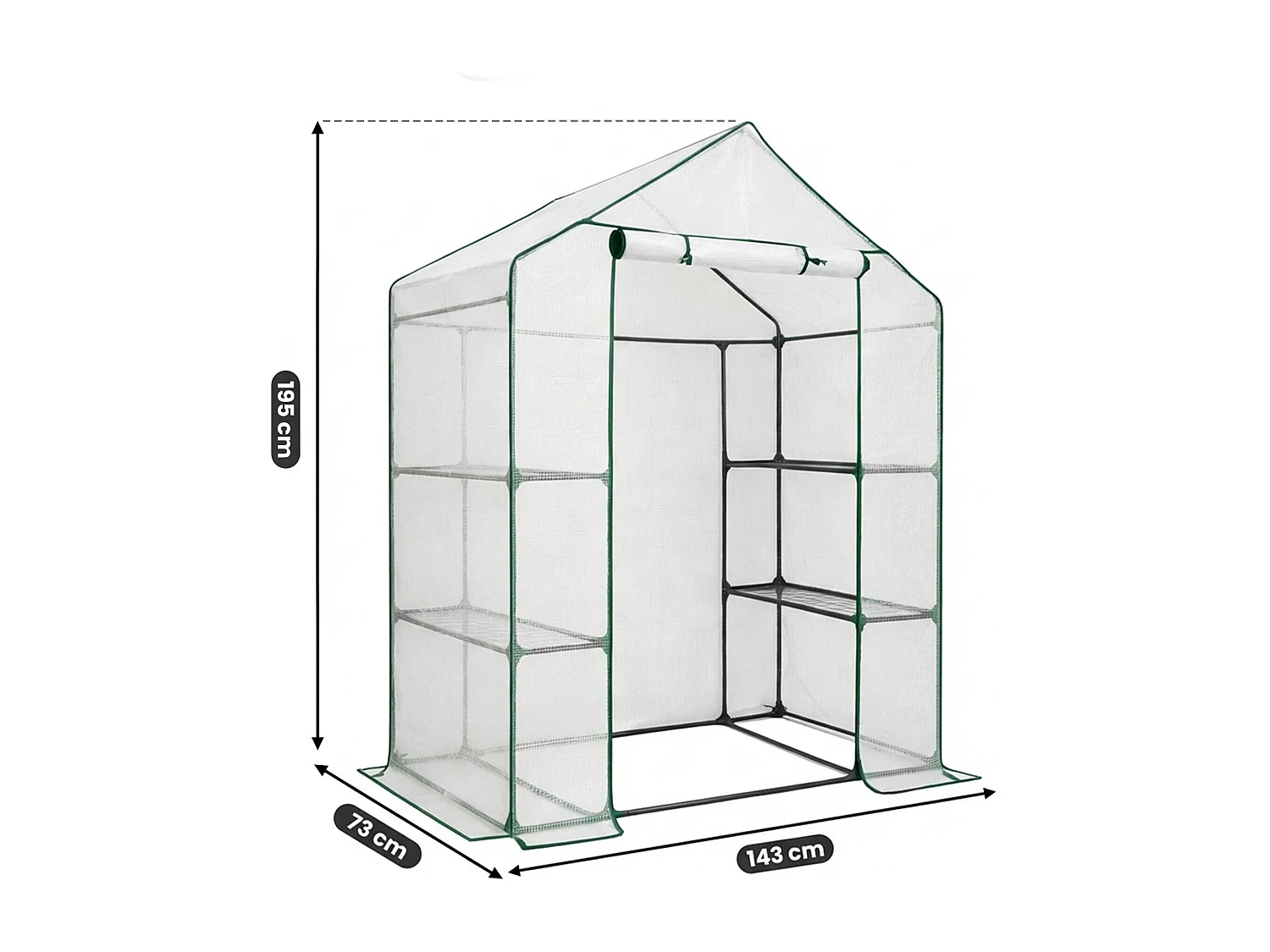 Tuinkas MINI met Legplanken op meerdere niveaus / Broeikas met oprolbare kasdeur / Foliekas / Wit / 143x73x195 cm