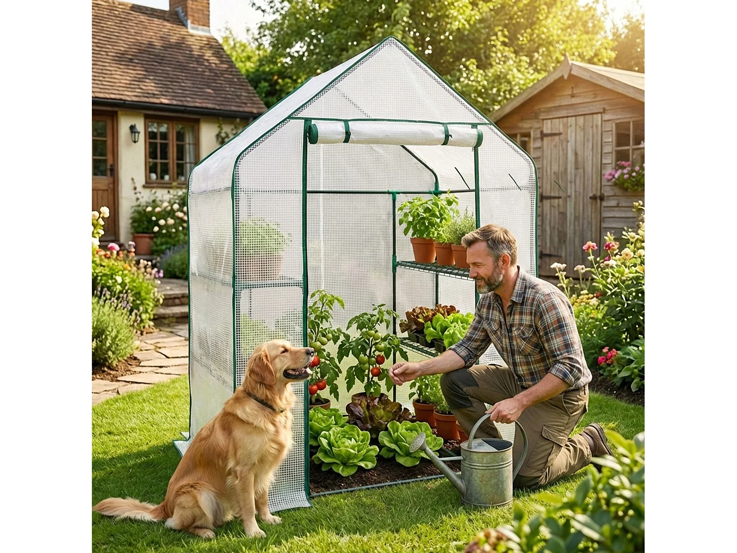 Tuinkas MINI met Legplanken op meerdere niveaus / Broeikas met oprolbare kasdeur / Foliekas / Wit / 143x73x195 cm