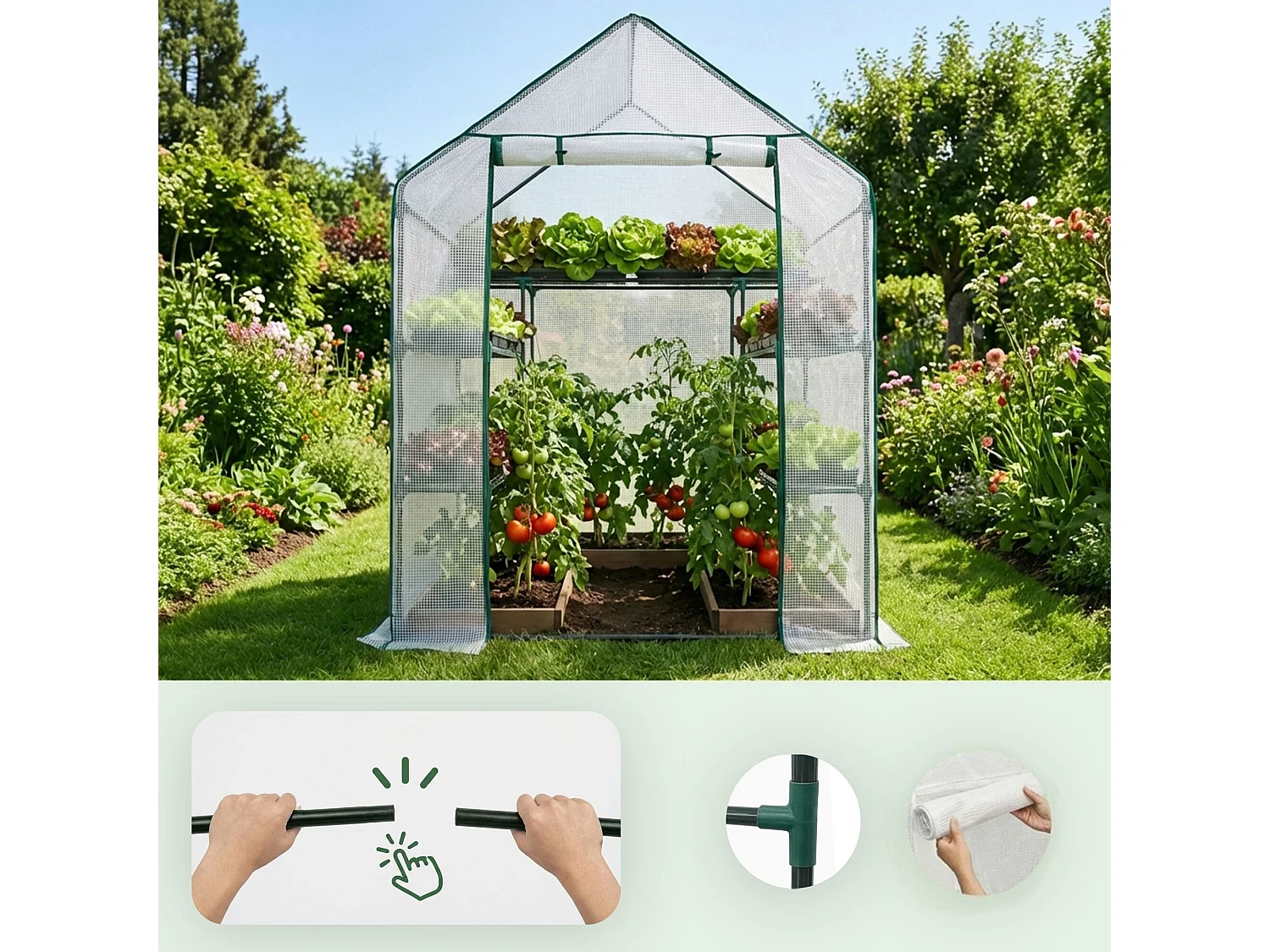 Tuinkas MINI met Legplanken op meerdere niveaus / Broeikas met oprolbare kasdeur / Foliekas / Wit / 143x73x195 cm