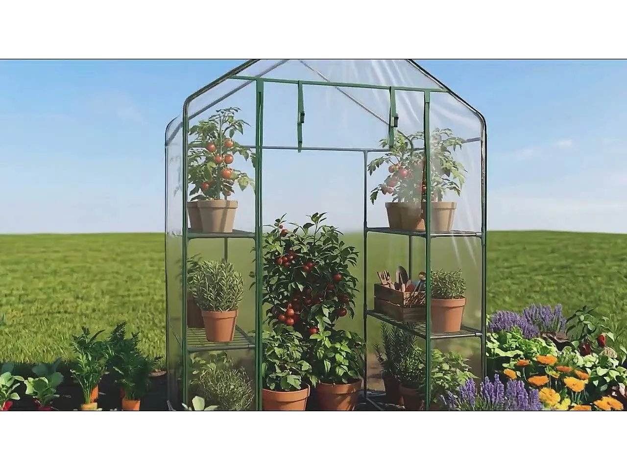 Mini serre de jardin maisonnette avec structure en métal et bâche en PE avec étagères 1 porte Blanche 143x73x195 cm