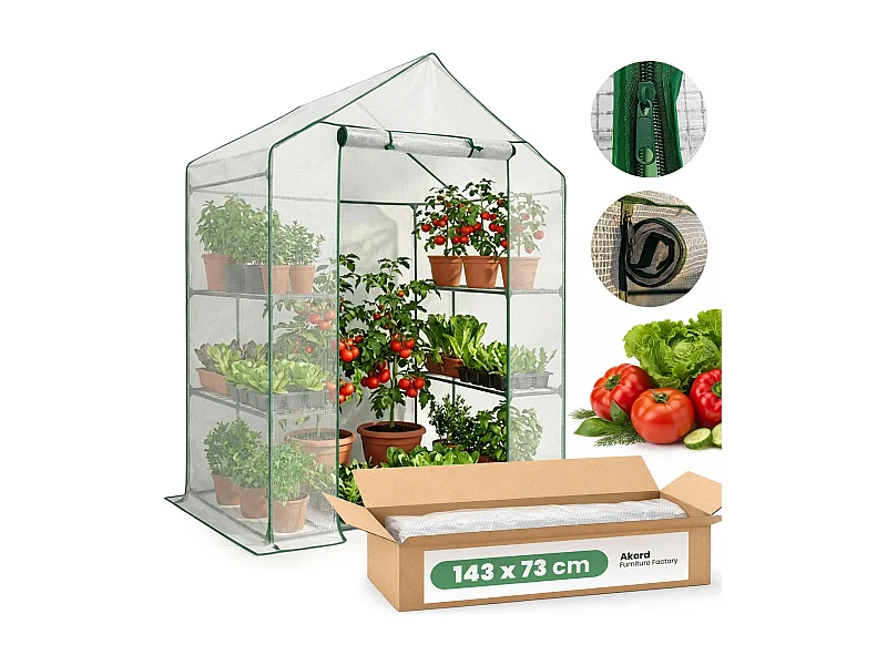 Tuinkas MINI met Legplanken op meerdere niveaus / Broeikas met oprolbare kasdeur / Foliekas / Wit / 143x73x195 cm