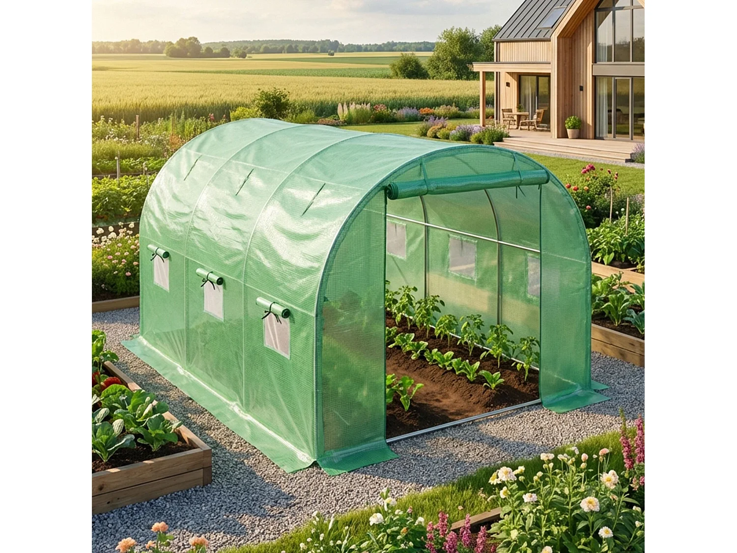 Tuinkas met oprolbare Zijkanten / Foliekas met oprolbare kasdeur / Tuinfolietunnel / Groen / 200x300x200 cm