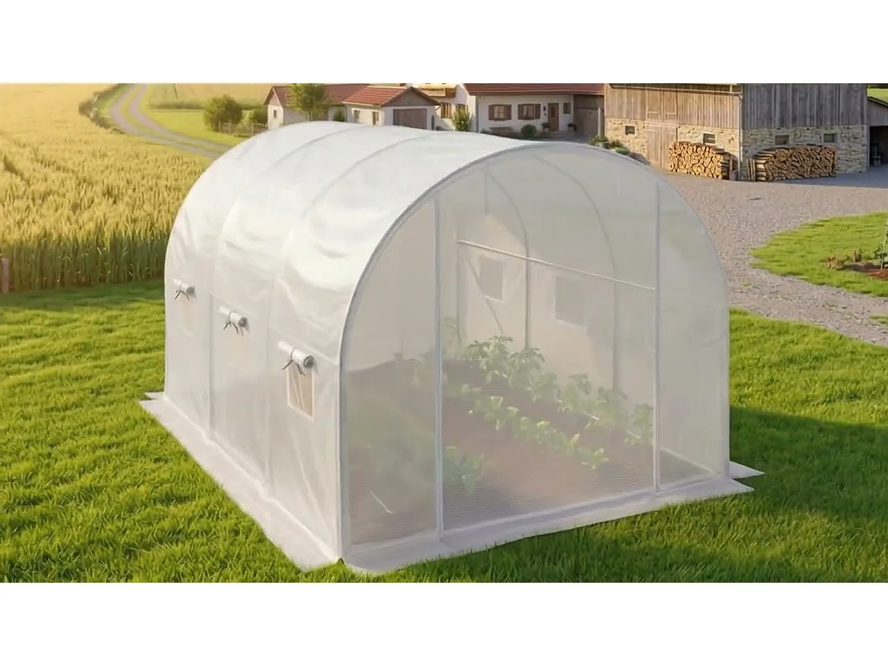 Serre tunnel de jardin avec structure en métal et bâche en PE avec parois enroulables 1 porte 6 fenêtres Verte 200x300x200 cm