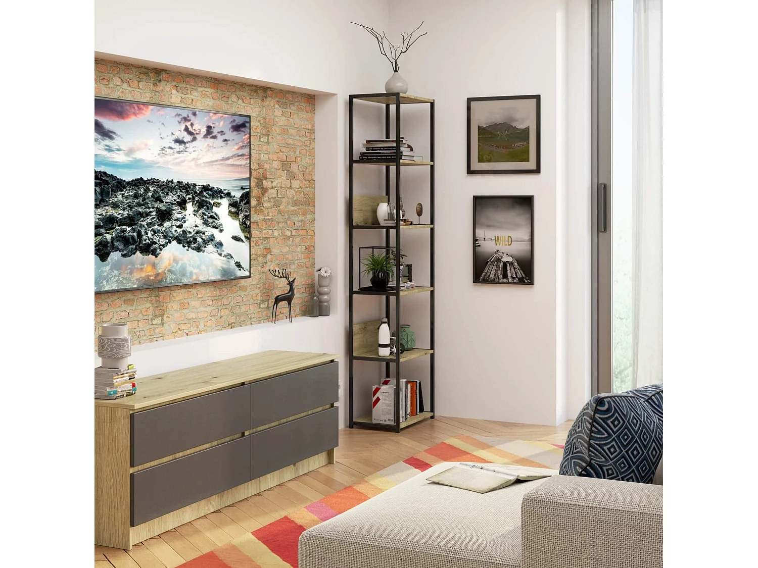 Étagère murale industrielle sur pied AKORD Noire 50 cm façade Chêne Artisan 6 étagères 50x32x192 cm