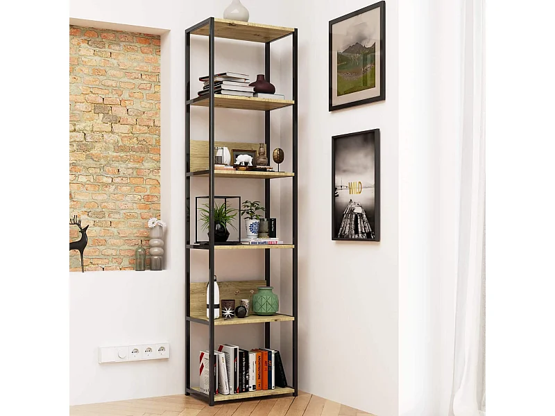 Étagère murale industrielle sur pied AKORD Noire 50 cm façade Chêne Artisan 6 étagères 50x32x192 cm