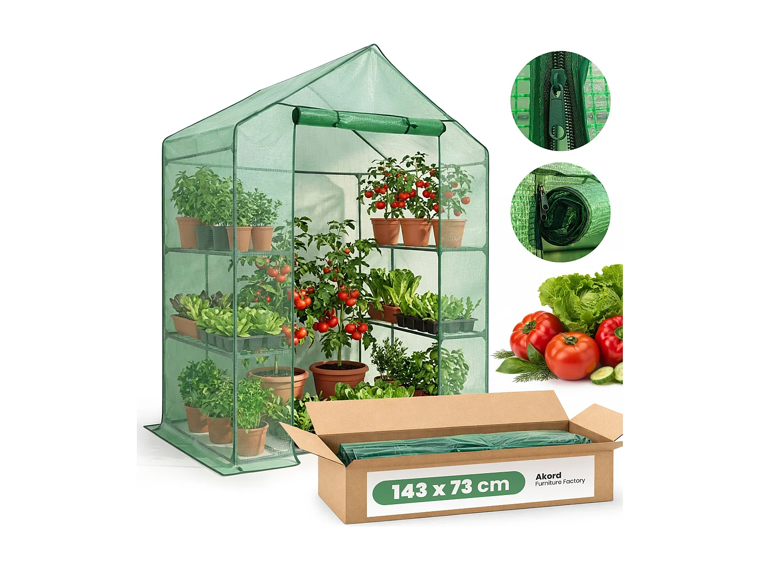 Tuinkas MINI met Legplanken op meerdere niveaus / Broeikas met oprolbare kasdeur / Foliekas / Groen / 143x73x195 cm