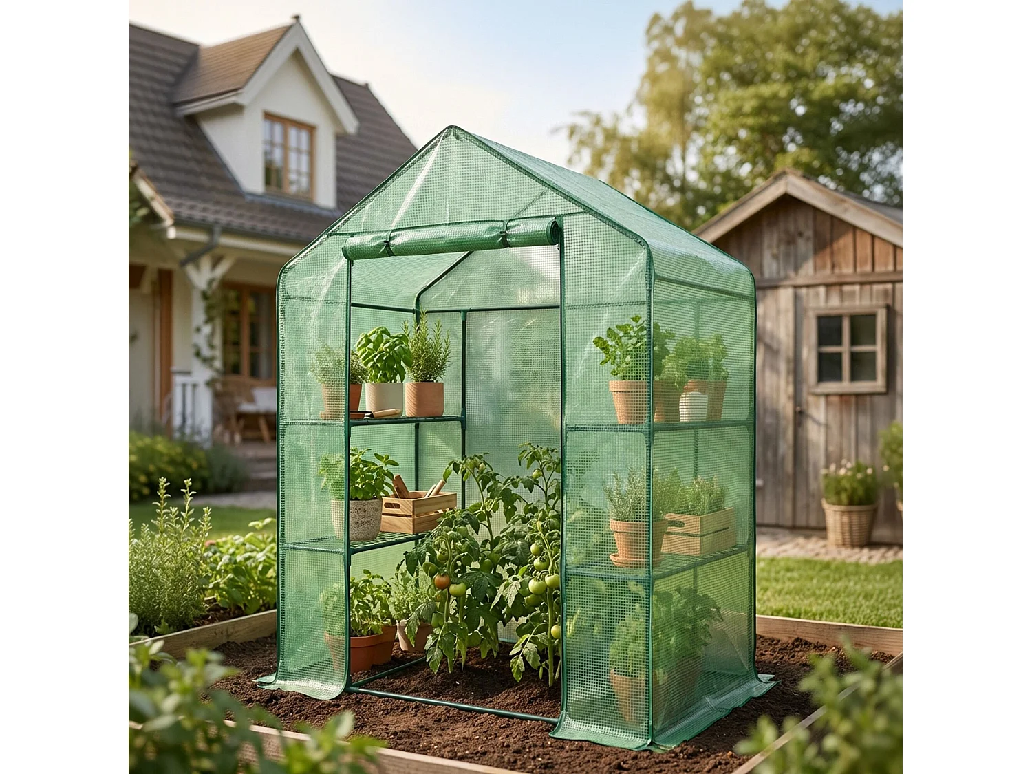 Tuinkas MINI met Legplanken op meerdere niveaus / Broeikas met oprolbare kasdeur / Foliekas / Groen / 143x73x195 cm