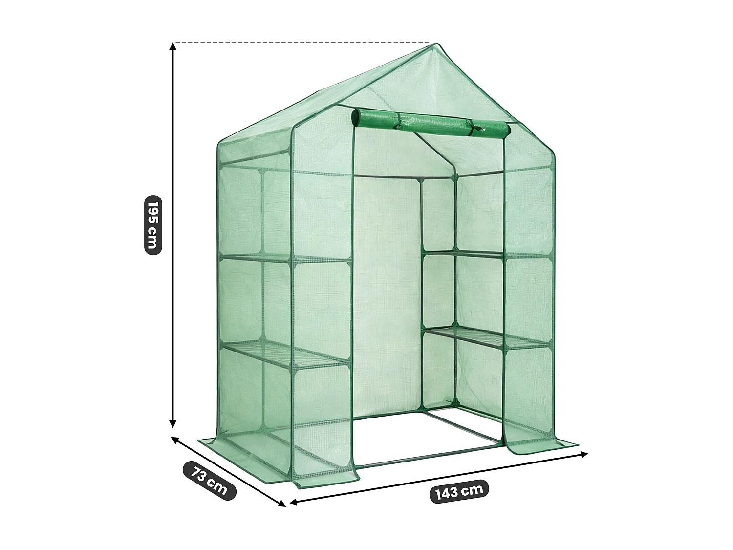 Tuinkas MINI met Legplanken op meerdere niveaus / Broeikas met oprolbare kasdeur / Foliekas / Groen / 143x73x195 cm