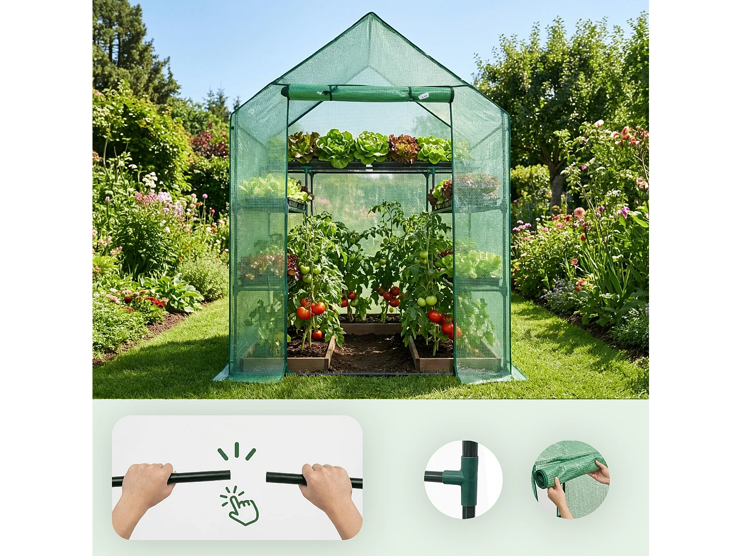 Tuinkas MINI met Legplanken op meerdere niveaus / Broeikas met oprolbare kasdeur / Foliekas / Groen / 143x73x195 cm