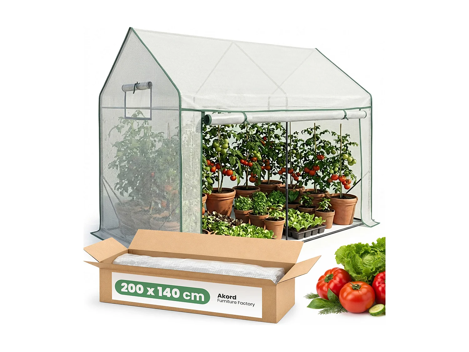 Vrijstaande tuinkas met oprolbare kasdeur / Tuinkas in Huisvorm / Foliekas met 2 Vensters / Wit / 200x140x200 cm