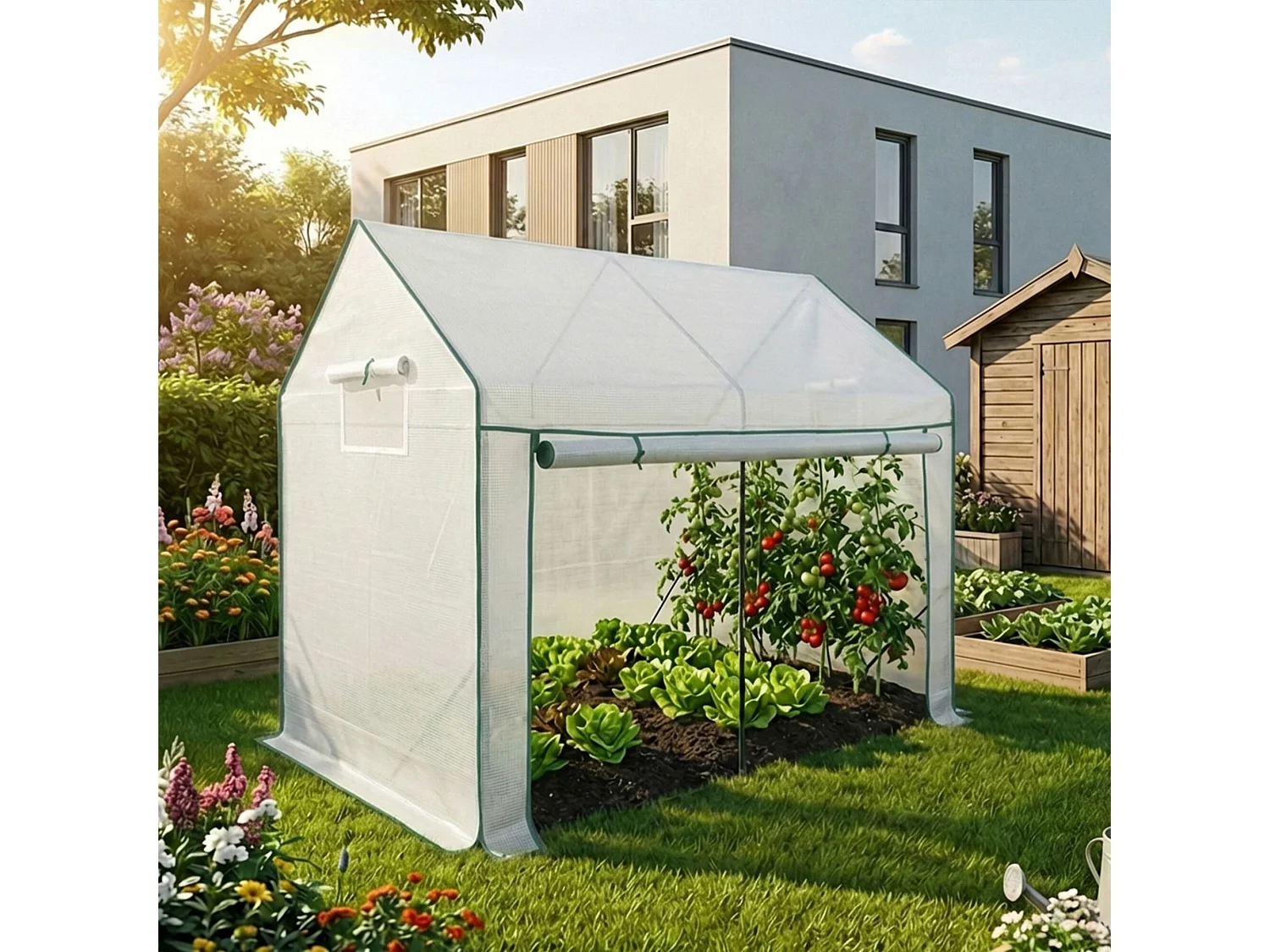 Vrijstaande tuinkas met oprolbare kasdeur / Tuinkas in Huisvorm / Foliekas met 2 Vensters / Wit / 200x140x200 cm