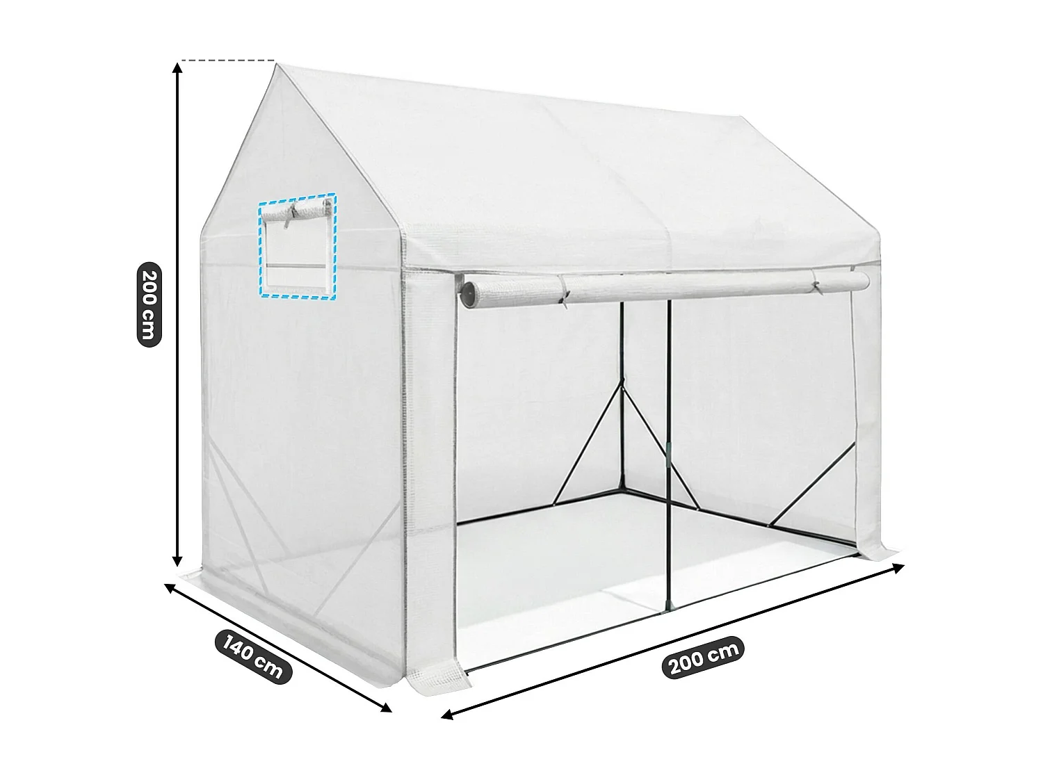 Vrijstaande tuinkas met oprolbare kasdeur / Tuinkas in Huisvorm / Foliekas met 2 Vensters / Wit / 200x140x200 cm