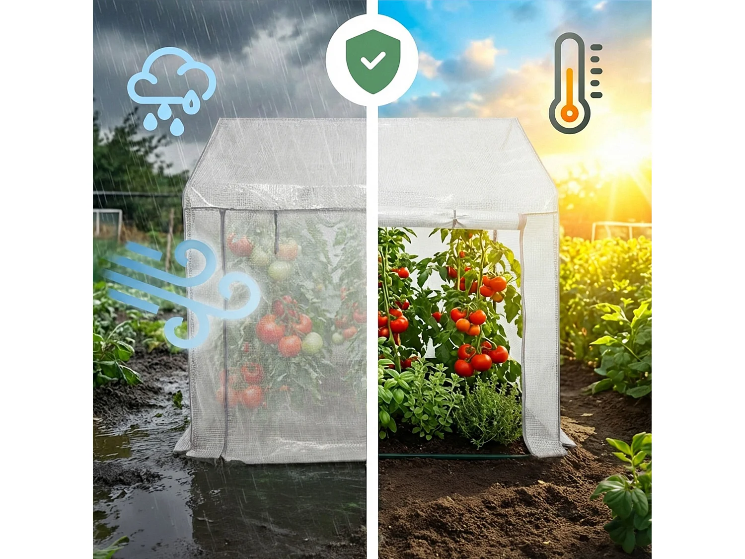 Vrijstaande tuinkas met oprolbare kasdeur / Tuinkas in Huisvorm / Foliekas met 2 Vensters / Wit / 200x140x200 cm