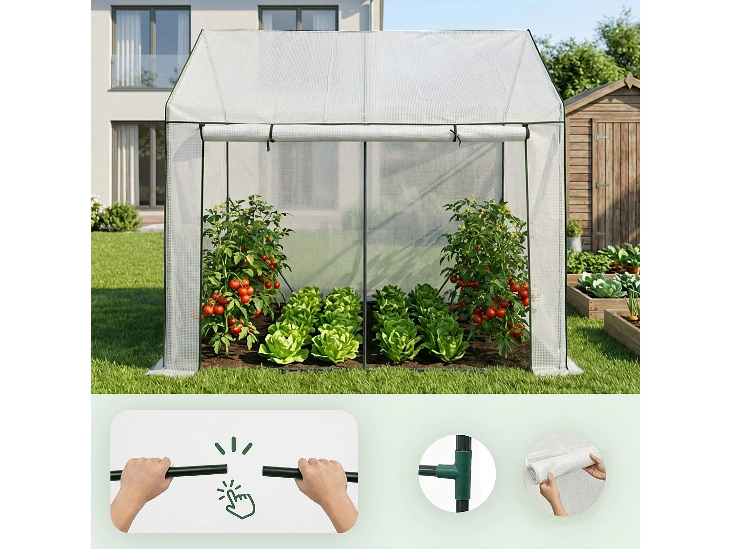 Vrijstaande tuinkas met oprolbare kasdeur / Tuinkas in Huisvorm / Foliekas met 2 Vensters / Wit / 200x140x200 cm