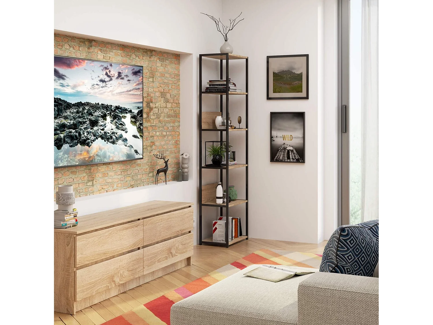 Étagère murale industrielle sur pied AKORD Noire 50 cm façade Chêne Sonoma 6 étagères 50x32x192 cm