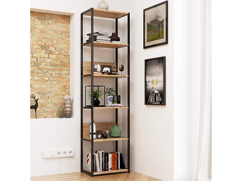 Étagère murale industrielle sur pied AKORD Noire 50 cm façade Chêne Sonoma 6 étagères 50x32x192 cm