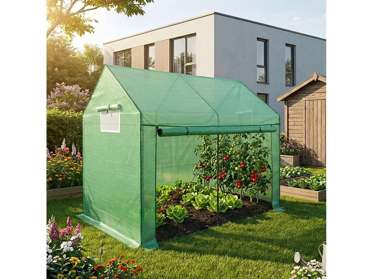 Vrijstaande tuinkas met oprolbare kasdeur / Tuinkas in Huisvorm / Foliekas met 2 Vensters / Groen / 200x140x200 cm