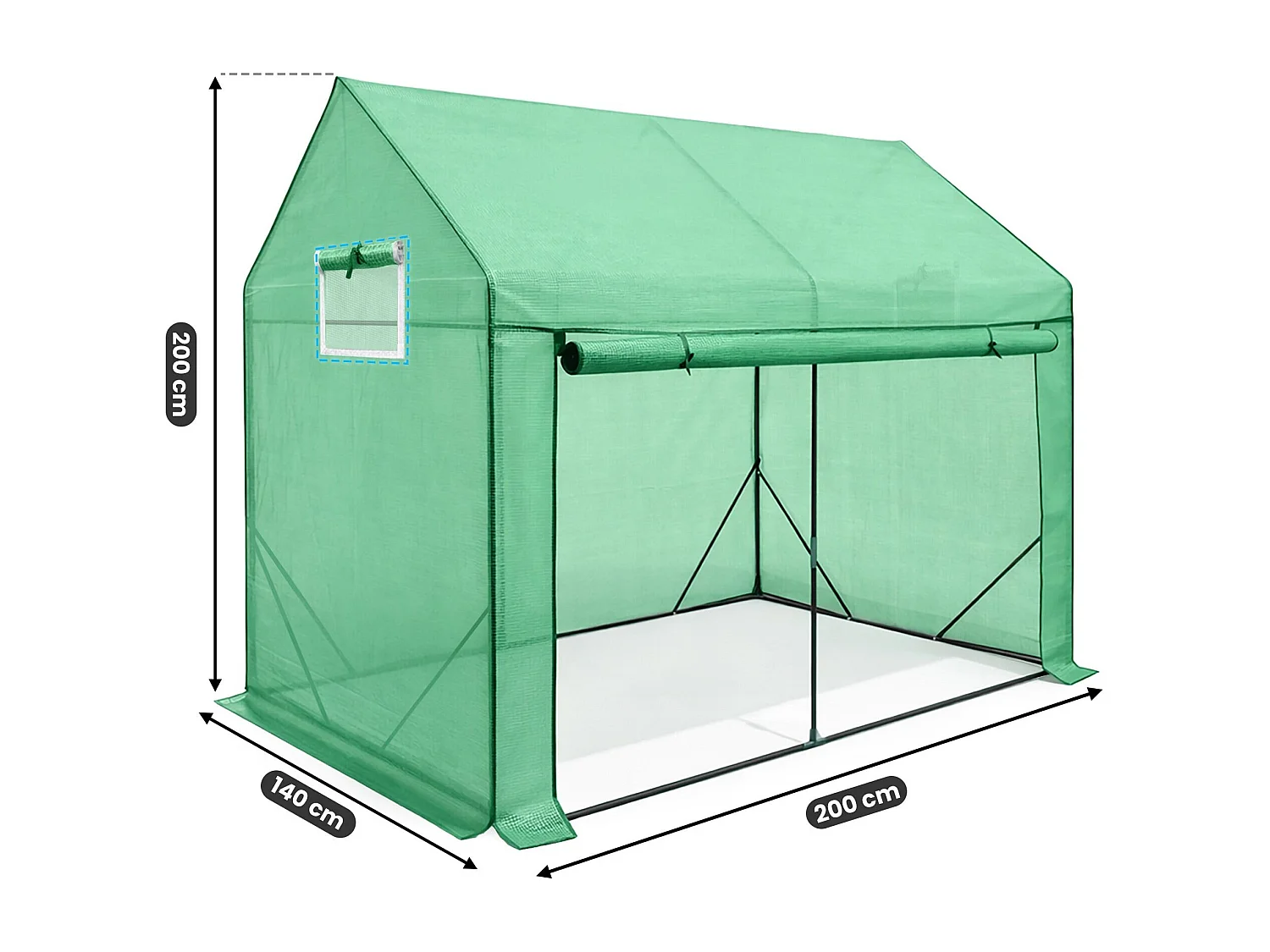 Vrijstaande tuinkas met oprolbare kasdeur / Tuinkas in Huisvorm / Foliekas met 2 Vensters / Groen / 200x140x200 cm