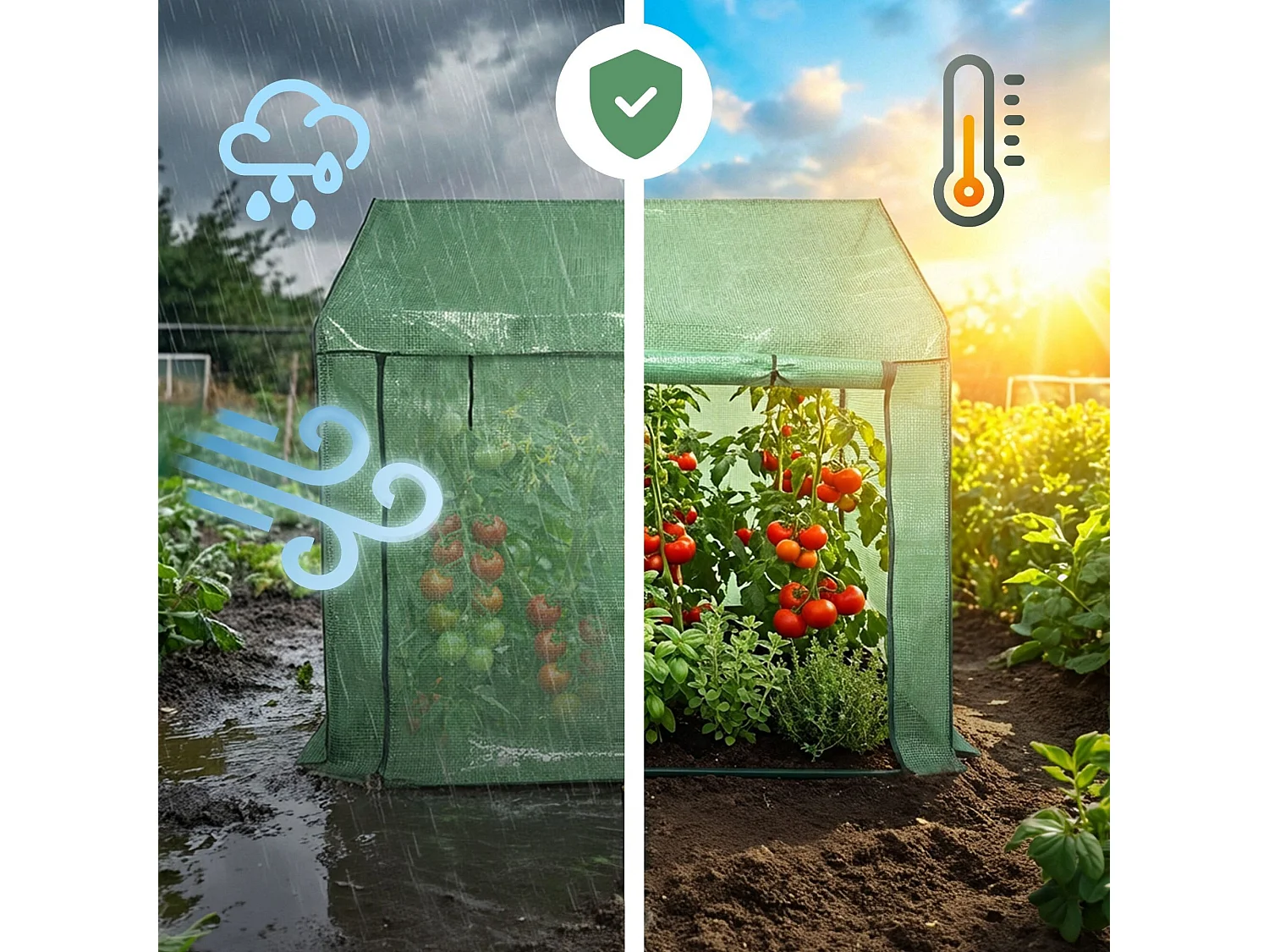 Vrijstaande tuinkas met oprolbare kasdeur / Tuinkas in Huisvorm / Foliekas met 2 Vensters / Groen / 200x140x200 cm