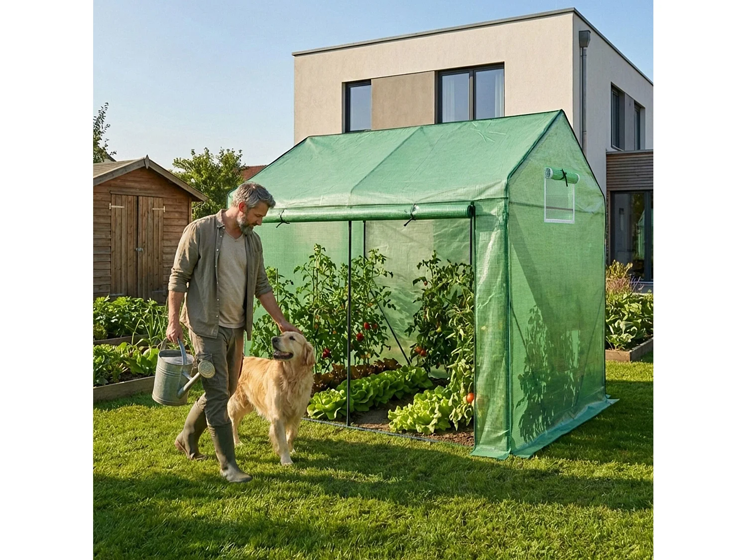 Vrijstaande tuinkas met oprolbare kasdeur / Tuinkas in Huisvorm / Foliekas met 2 Vensters / Groen / 200x140x200 cm