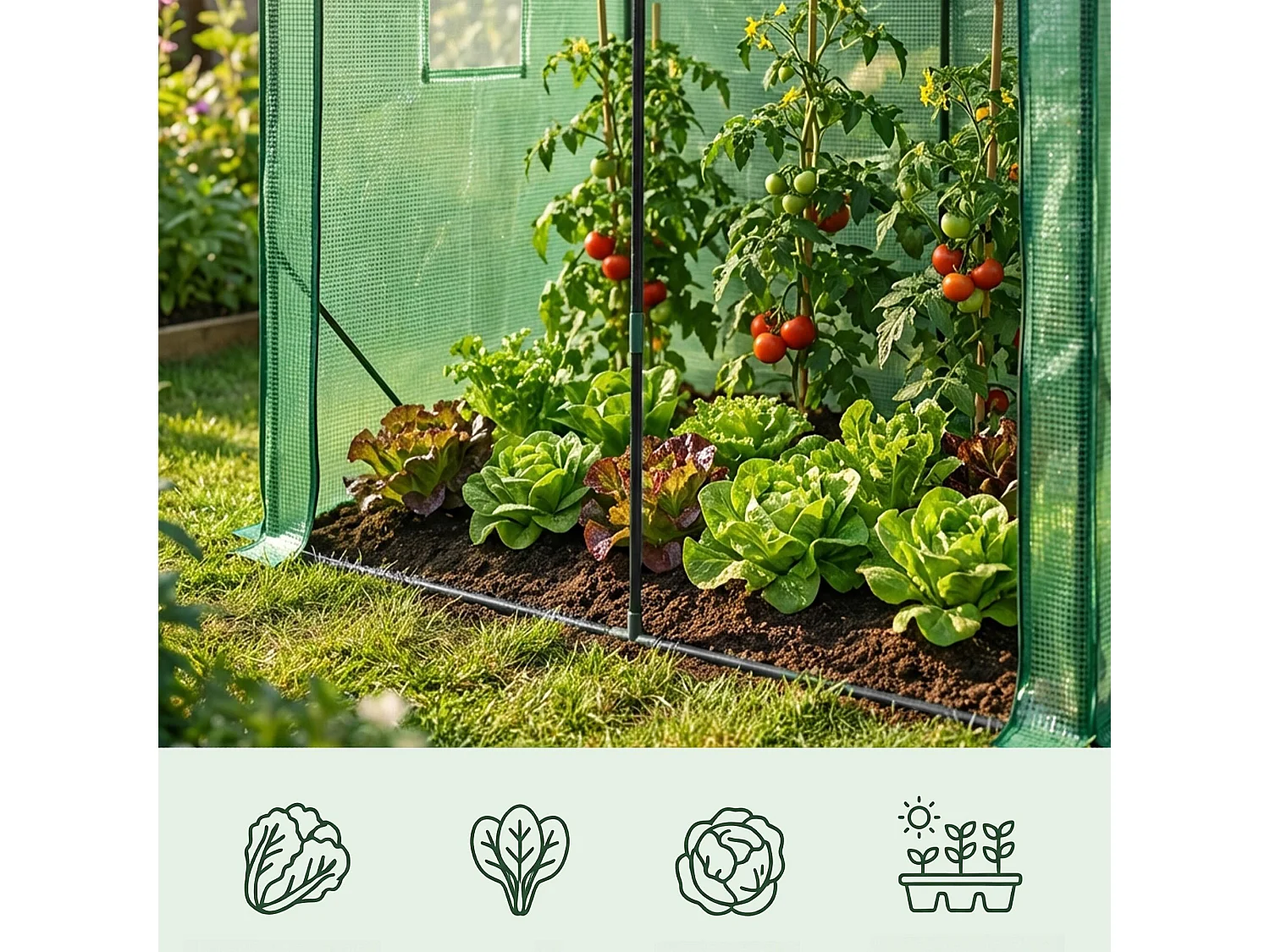 Vrijstaande tuinkas met oprolbare kasdeur / Tuinkas in Huisvorm / Foliekas met 2 Vensters / Groen / 200x140x200 cm