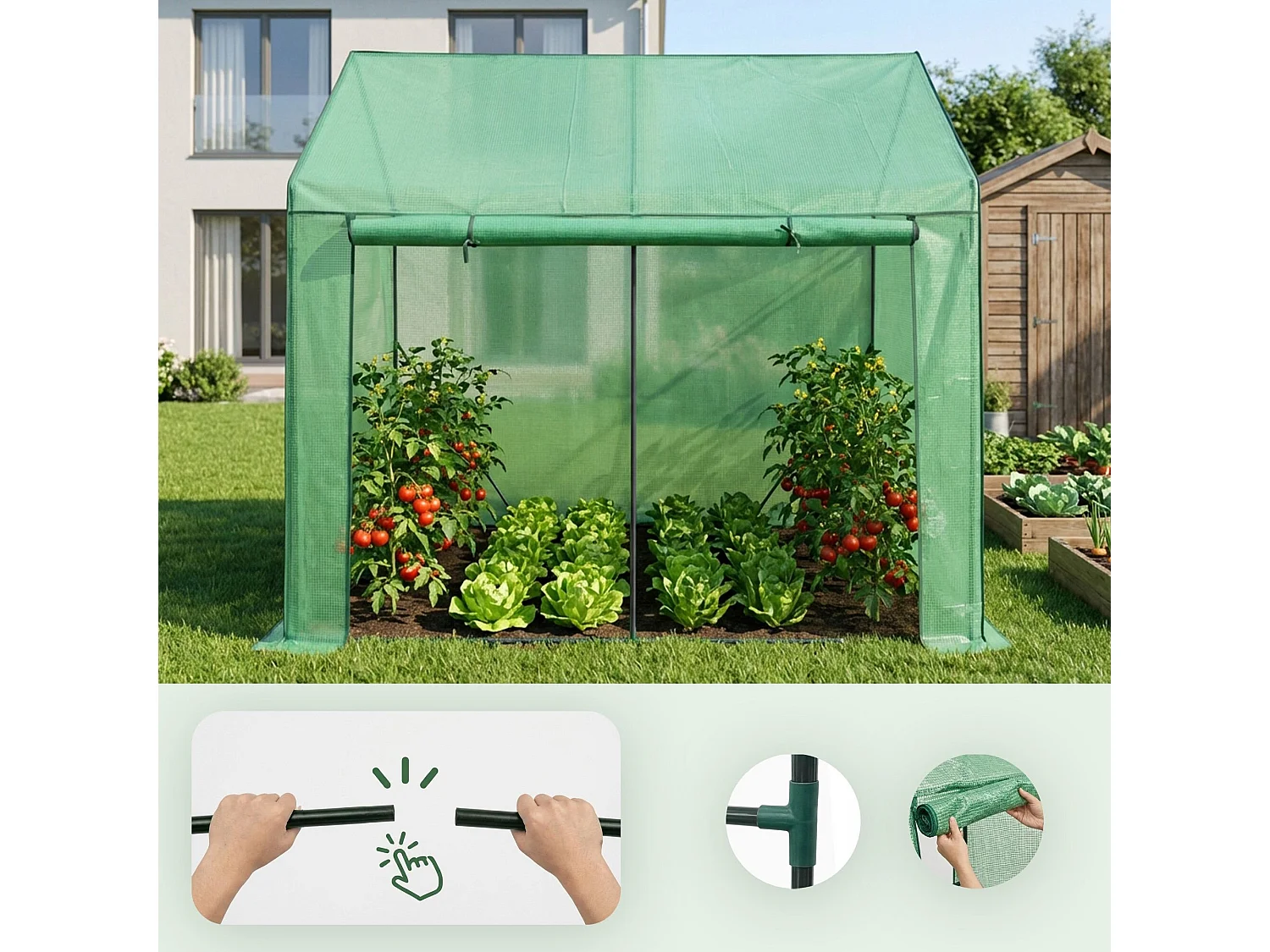 Vrijstaande tuinkas met oprolbare kasdeur / Tuinkas in Huisvorm / Foliekas met 2 Vensters / Groen / 200x140x200 cm