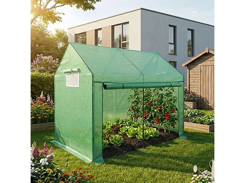 Vrijstaande tuinkas met oprolbare kasdeur / Tuinkas in Huisvorm / Foliekas met 2 Vensters / Groen / 200x140x200 cm