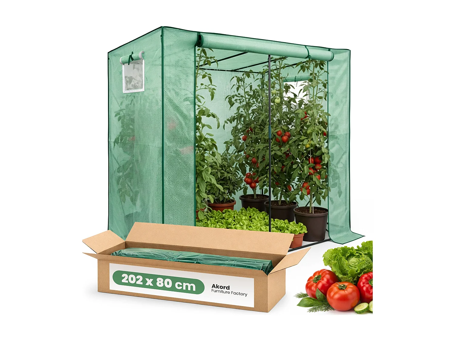 Vrijstaande tuinkas met oprolbare kasdeur / Tuinkas in Huisvorm / Foliekas met 2 Vensters / Groen / 202x80x170 cm