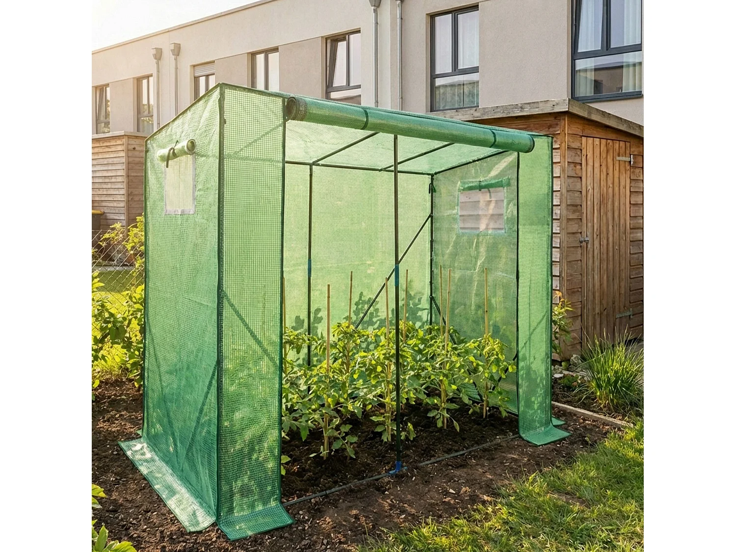 Vrijstaande tuinkas met oprolbare kasdeur / Tuinkas in Huisvorm / Foliekas met 2 Vensters / Groen / 202x80x170 cm