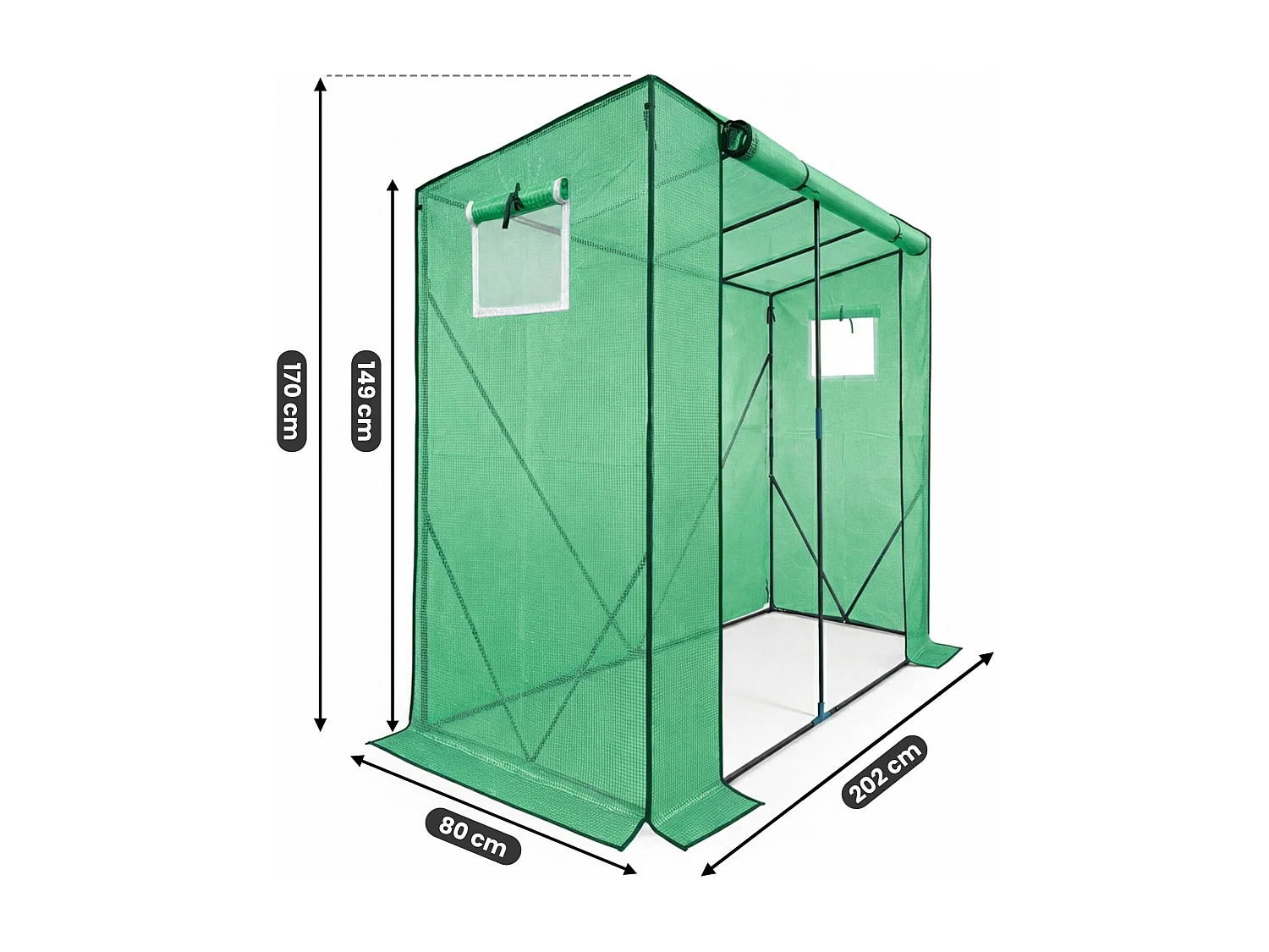 Vrijstaande tuinkas met oprolbare kasdeur / Tuinkas in Huisvorm / Foliekas met 2 Vensters / Groen / 202x80x170 cm