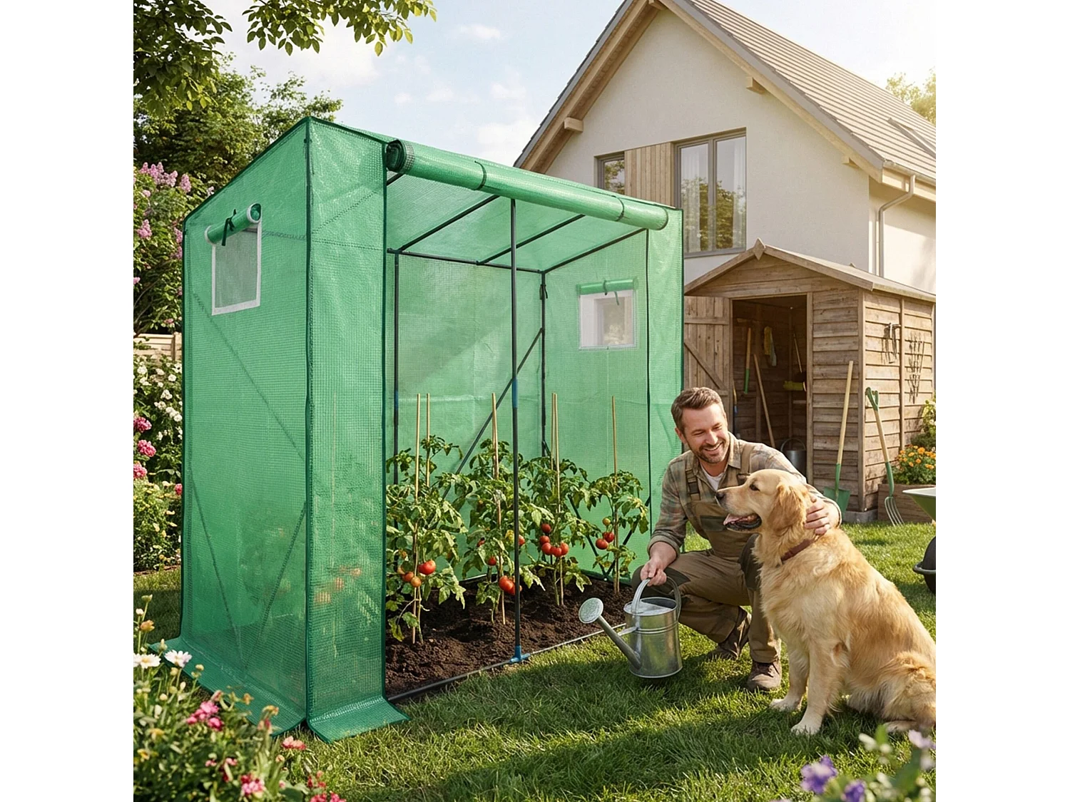 Vrijstaande tuinkas met oprolbare kasdeur / Tuinkas in Huisvorm / Foliekas met 2 Vensters / Groen / 202x80x170 cm