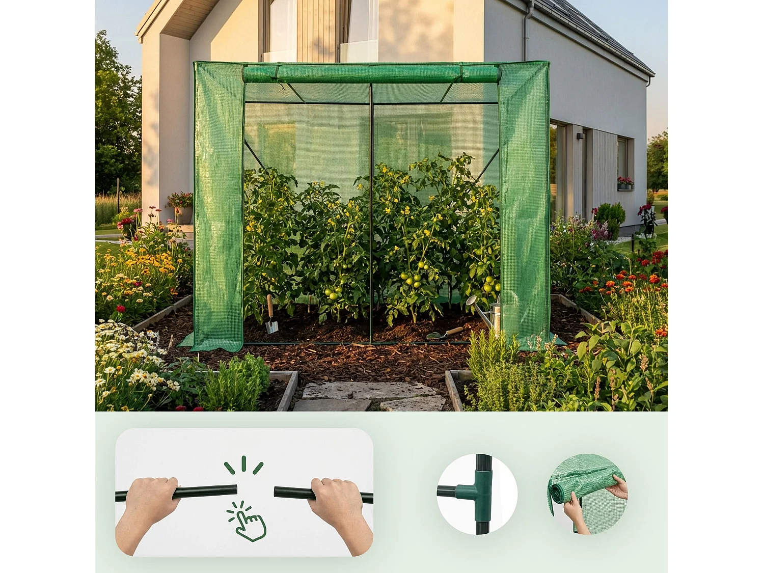 Vrijstaande tuinkas met oprolbare kasdeur / Tuinkas in Huisvorm / Foliekas met 2 Vensters / Groen / 202x80x170 cm