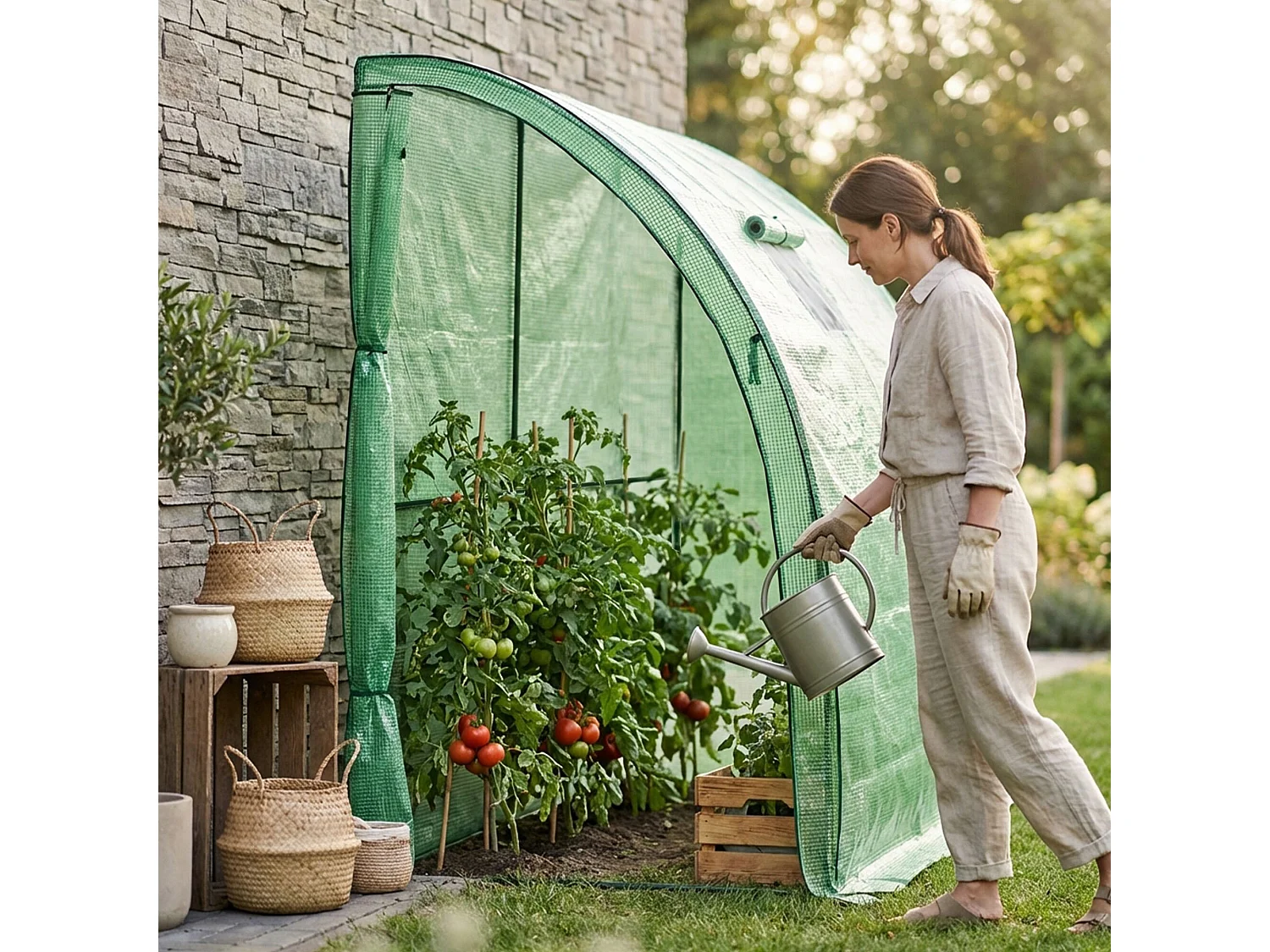 Muurkas met oprolbare kasdeur / Tuinkas met Venster / Foliekas / Groen / 100x200x210 cm