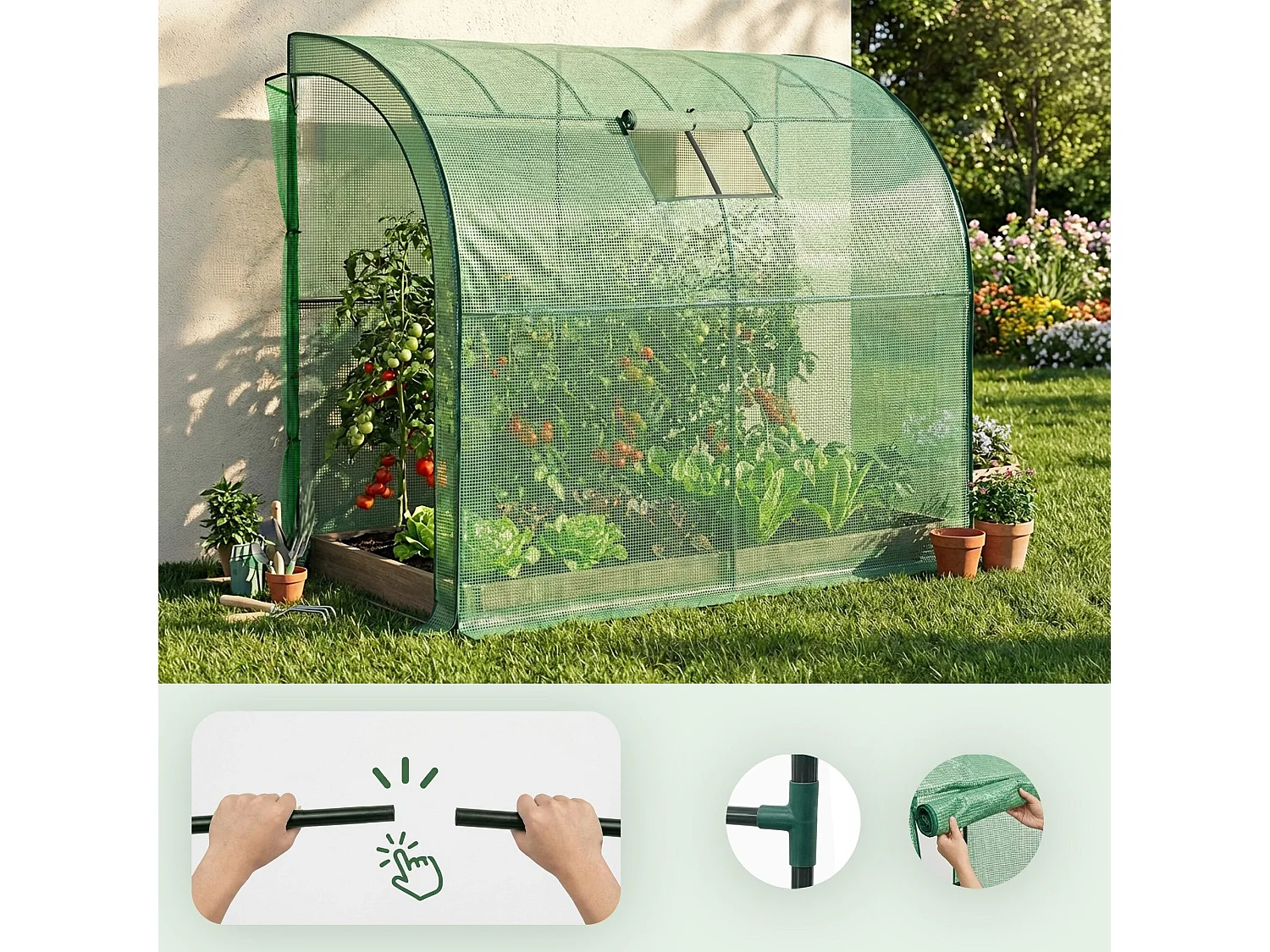 Muurkas met oprolbare kasdeur / Tuinkas met Venster / Foliekas / Groen / 100x200x210 cm