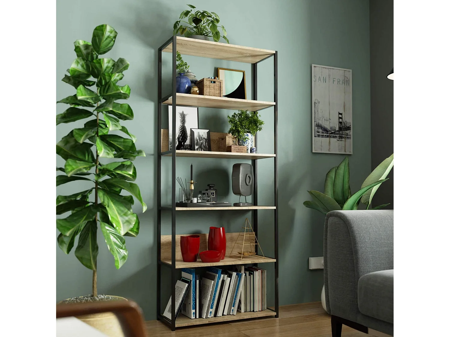 Étagère murale industrielle sur pied AKORD Noire 80 cm façade Chêne Sonoma 6 étagères 80x32x192 cm