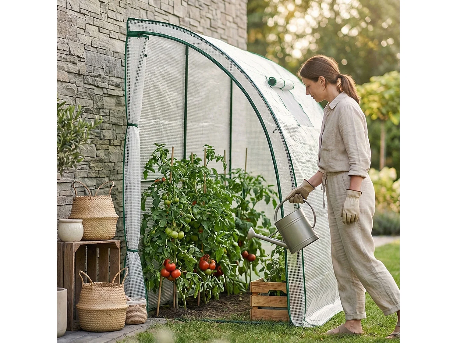 Muurkas met oprolbare kasdeur / Tuinkas met Venster / Foliekas / Wit / 100x200x210 cm