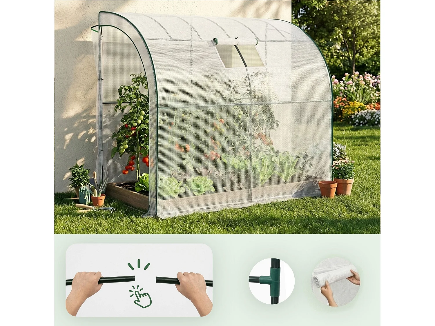 Muurkas met oprolbare kasdeur / Tuinkas met Venster / Foliekas / Wit / 100x200x210 cm