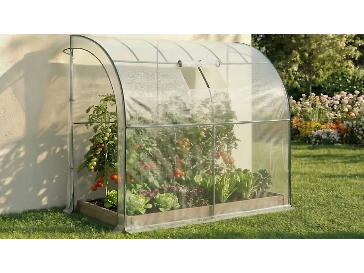 Serre de jardin adossée avec structure en métal et bâche en PE 1 porte 1 fenêtre Blanche 100x200x210 cm