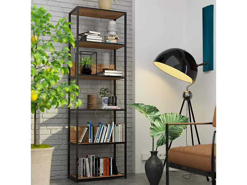 Étagère murale industrielle sur pied AKORD Noire 60 cm façade Chêne Craft 6 étagères 60x32x192 cm