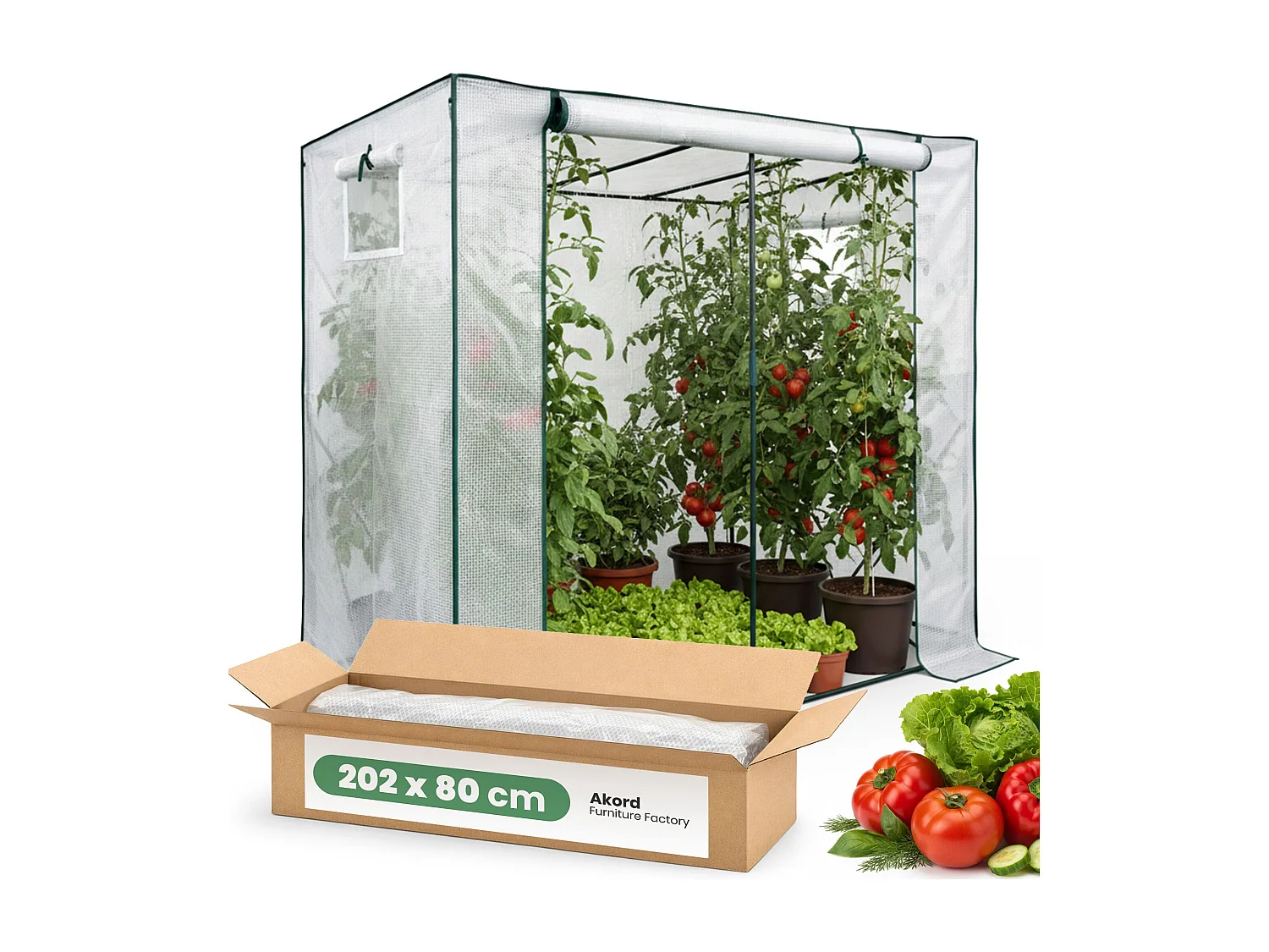 Vrijstaande tuinkas met oprolbare kasdeur / Tuinkas in Huisvorm / Foliekas met 2 Vensters / Wit / 202x80x170 cm