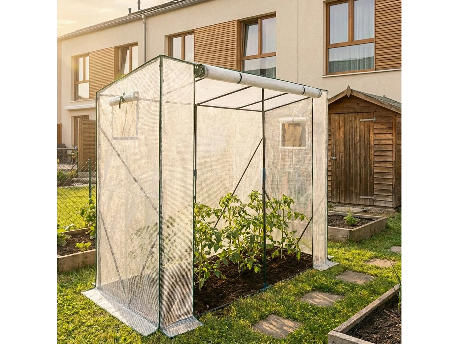 Vrijstaande tuinkas met oprolbare kasdeur / Tuinkas in Huisvorm / Foliekas met 2 Vensters / Wit / 202x80x170 cm