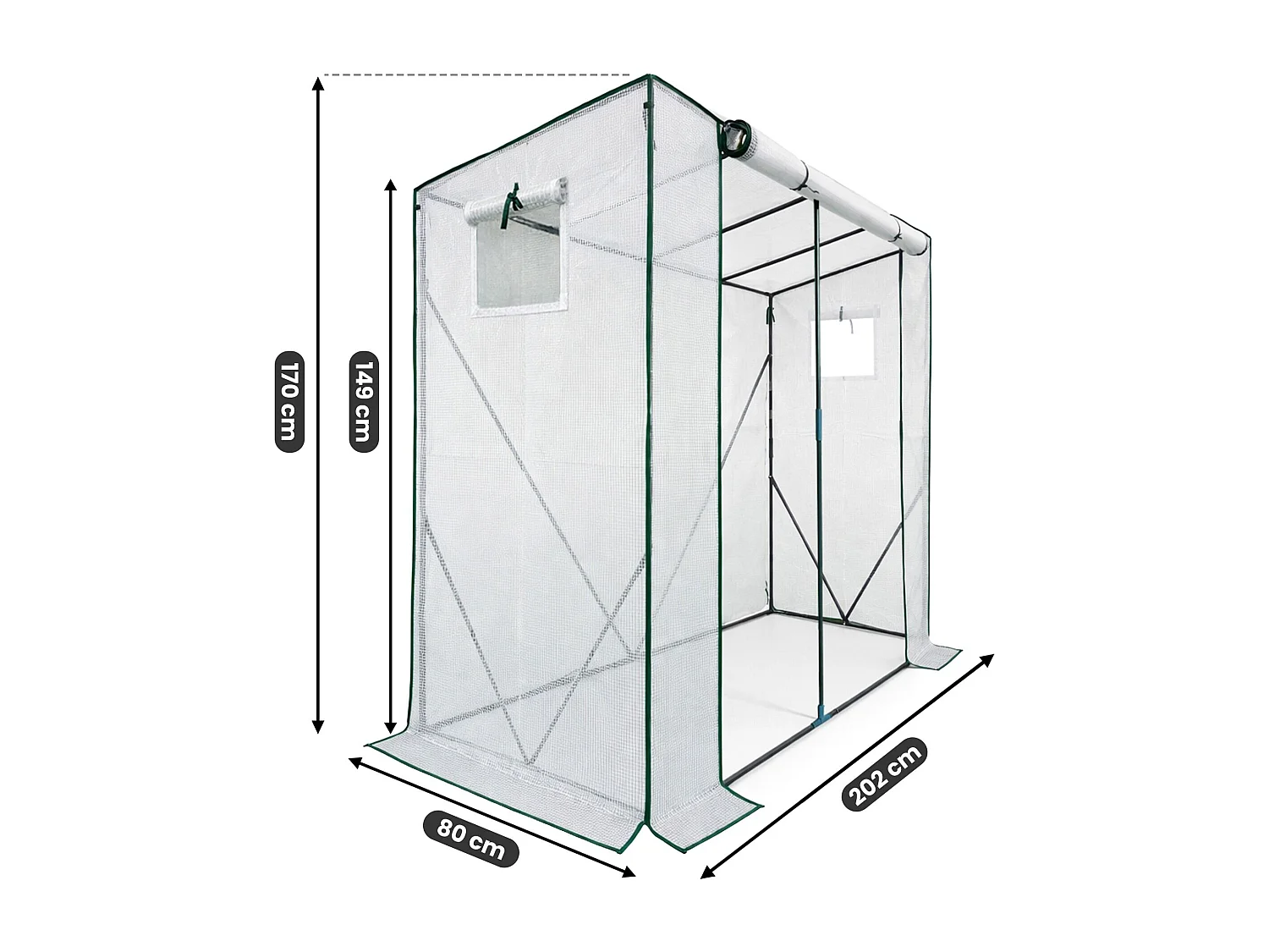 Vrijstaande tuinkas met oprolbare kasdeur / Tuinkas in Huisvorm / Foliekas met 2 Vensters / Wit / 202x80x170 cm