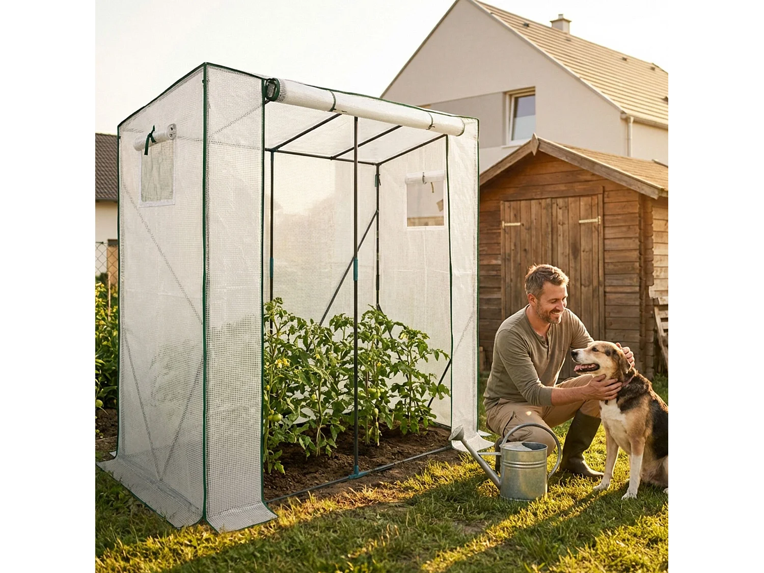 Vrijstaande tuinkas met oprolbare kasdeur / Tuinkas in Huisvorm / Foliekas met 2 Vensters / Wit / 202x80x170 cm