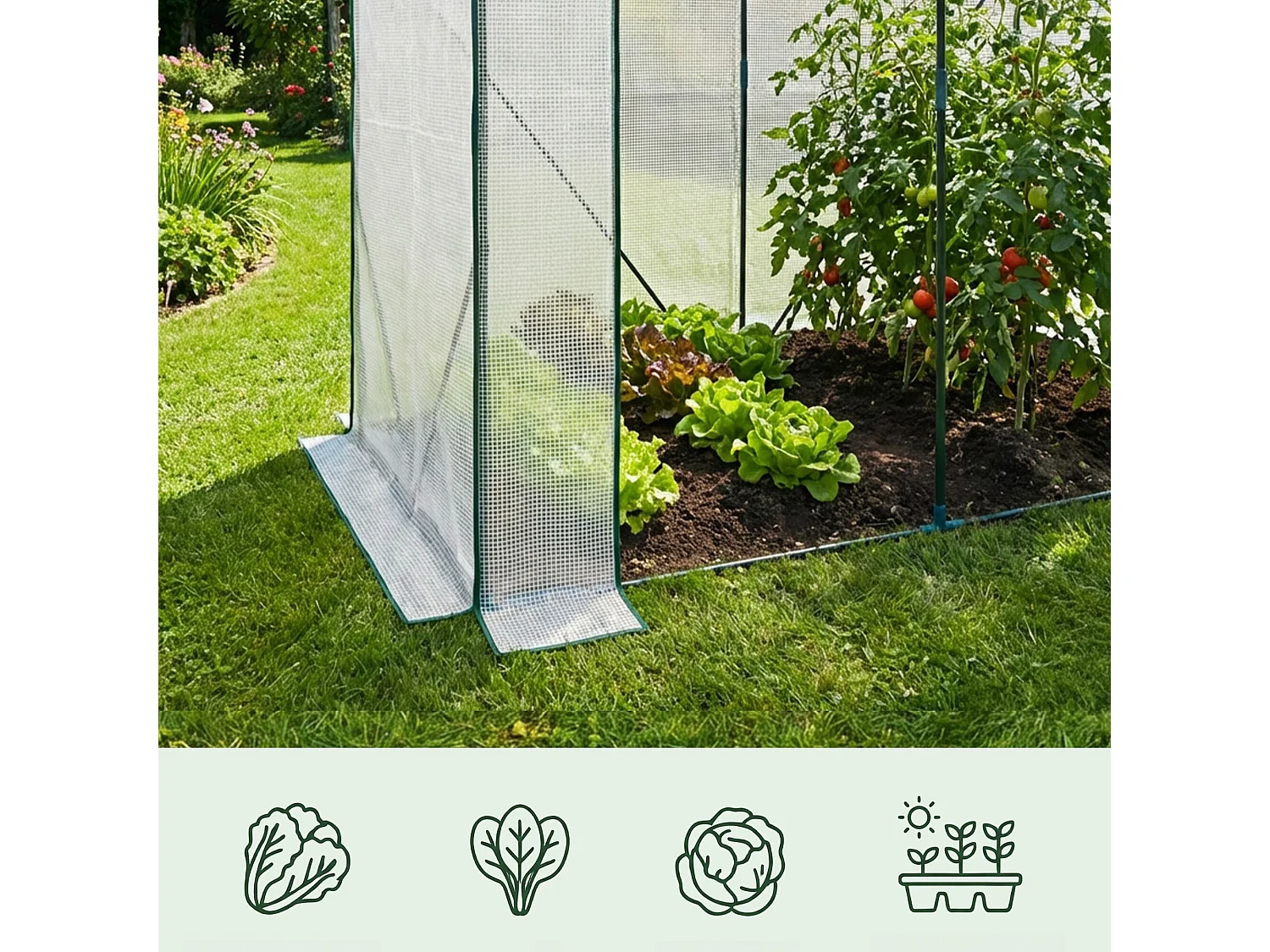 Vrijstaande tuinkas met oprolbare kasdeur / Tuinkas in Huisvorm / Foliekas met 2 Vensters / Wit / 202x80x170 cm