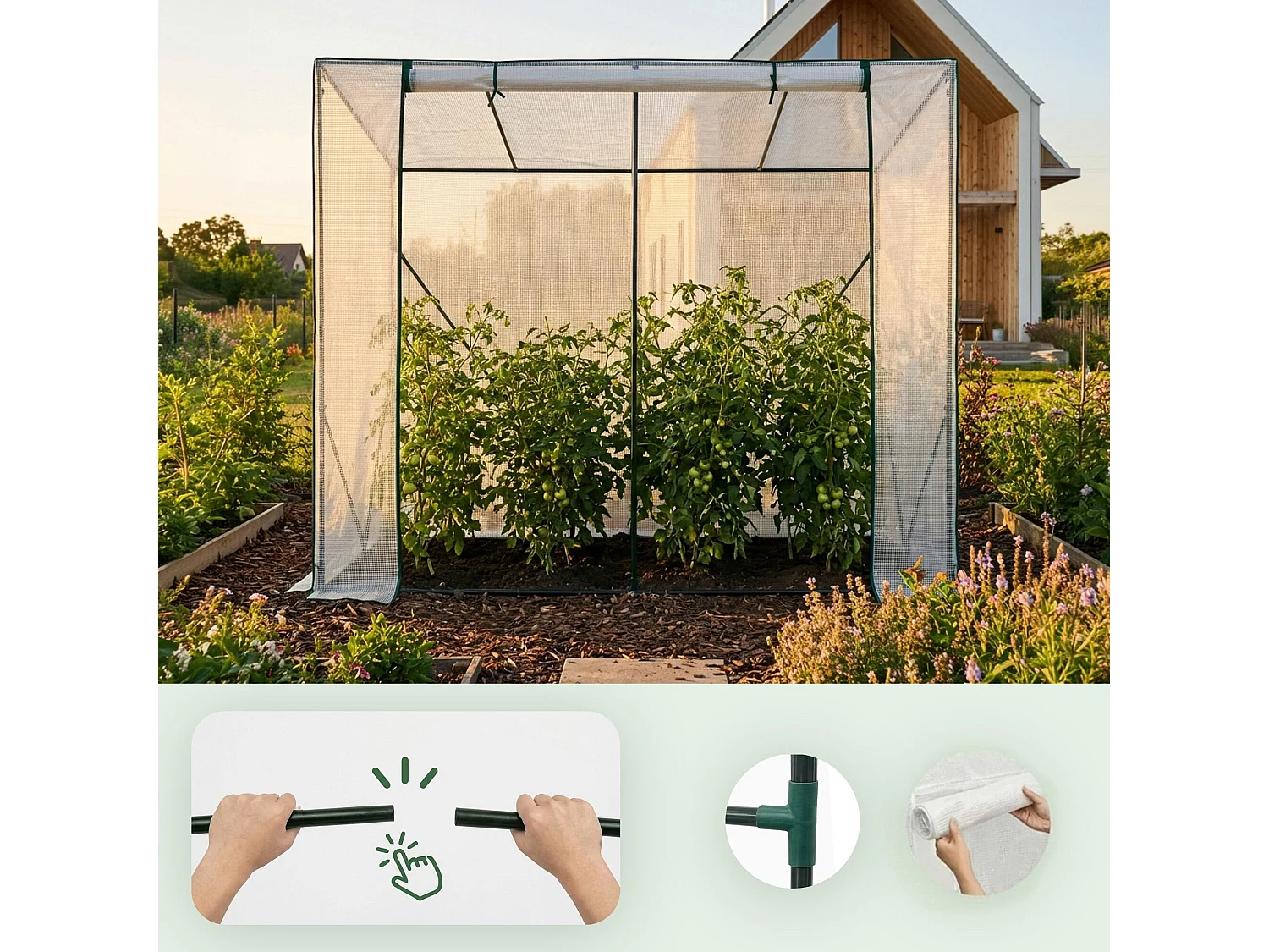 Vrijstaande tuinkas met oprolbare kasdeur / Tuinkas in Huisvorm / Foliekas met 2 Vensters / Wit / 202x80x170 cm