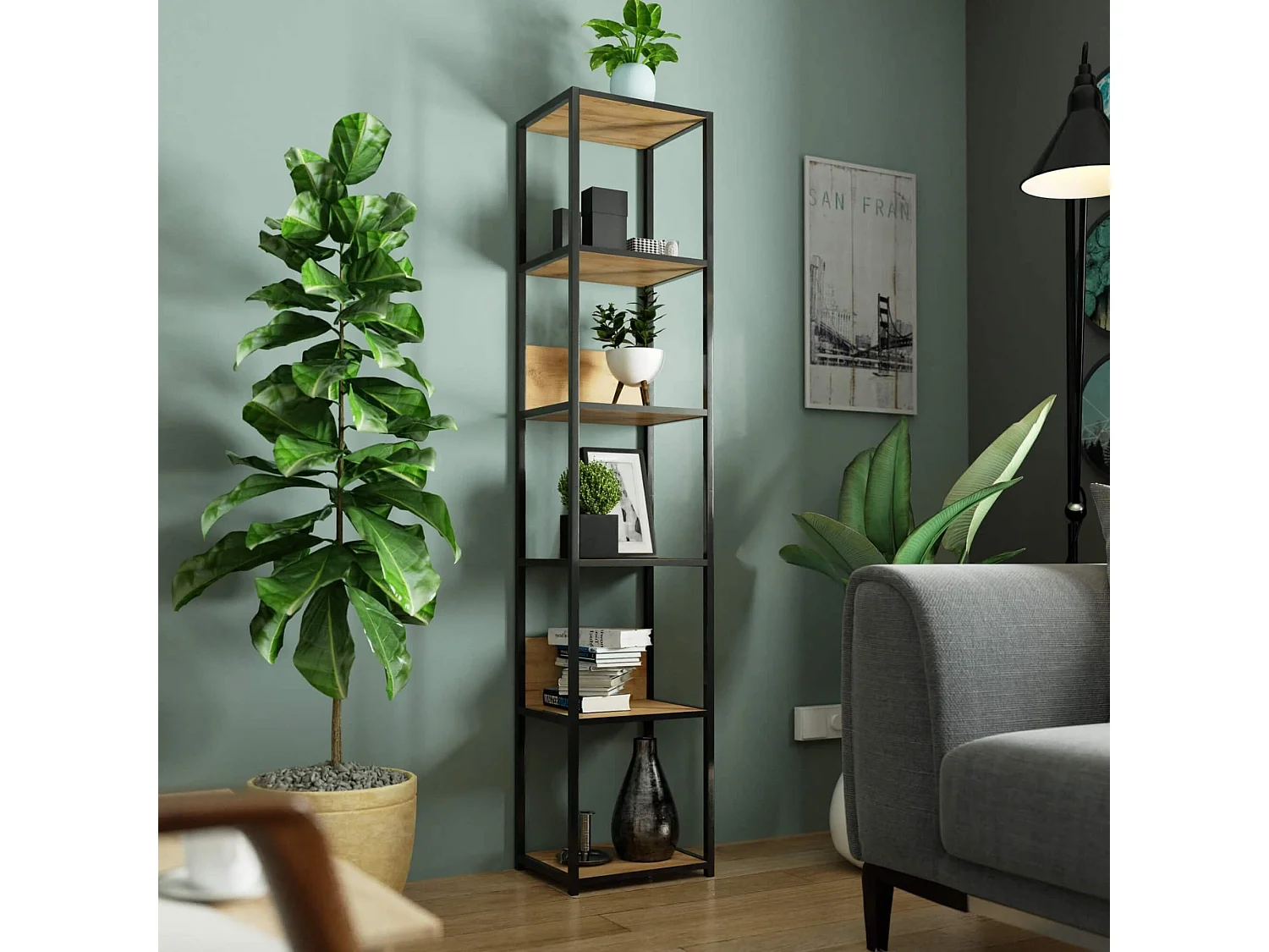 Étagère murale industrielle sur pied AKORD Noire 40 cm façade Chêne Craft 6 étagères 40x32x192 cm