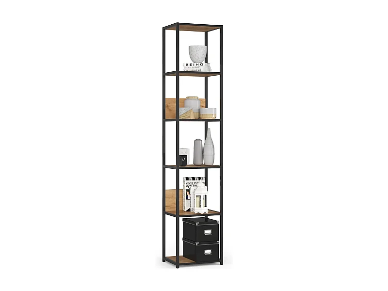 Étagère murale industrielle sur pied AKORD Noire 40 cm façade Chêne Craft 6 étagères 40x32x192 cm